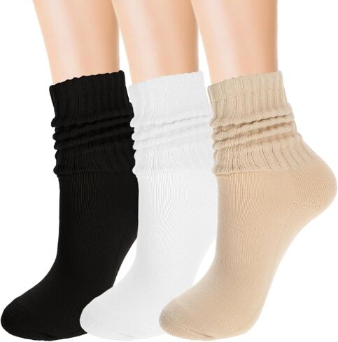 Lusofie 3 Pairs Crew Socks For Women Cotton Socks for Women Slouch Socks for woman Retro Crew Socks Seamless Cozy Fall Socks Breathable Unisex Slouchy Socks for Sports and Daily Wear(3 Colors) in Saudi Arabia