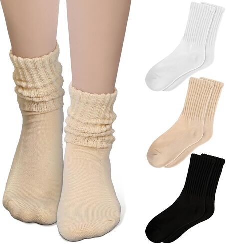 Lusofie 3 Pairs Crew Socks For Women Cotton Socks for Women Slouch Socks for woman Retro Crew Socks Seamless Cozy Fall Socks Breathable Unisex Slouchy Socks for Sports and Daily Wear(3 Colors) in Saudi Arabia