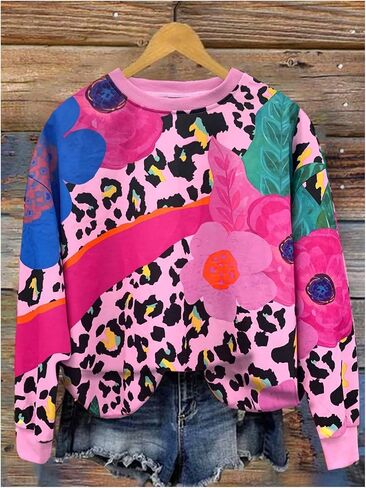 GORGLITTER Women's Leopard Floral Print Sweatshirt Crewneck Long Sleeve Pullover Tops in Saudi Arabia