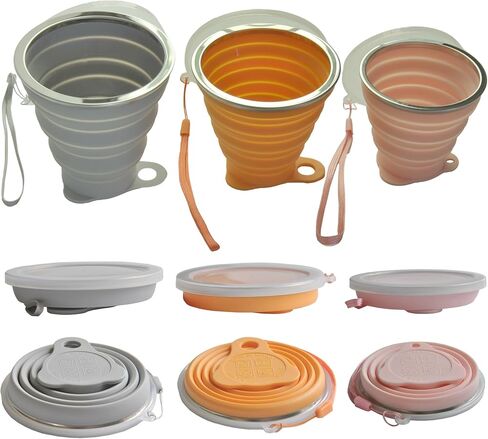 Silicone Collapsible Cups, Portable Drinking Cups with Watertight Lids, Reusable for Indoors and Outdoors - 6.09, 9.13, 10.82 fl oz (3 Pack, Multi-Color) (grey, orange, pink) in Saudi Arabia