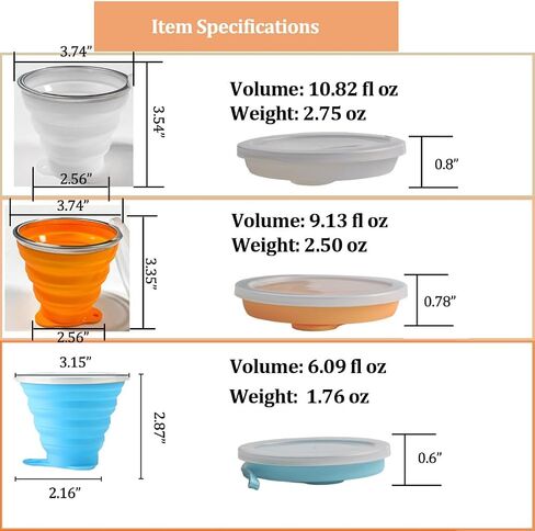 Silicone Collapsible Cups, Portable Drinking Cups with Watertight Lids, Reusable for Indoors and Outdoors - 6.09, 9.13, 10.82 fl oz (3 Pack, Multi-Color) (grey, orange, pink) in Saudi Arabia