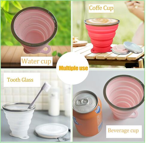 Silicone Collapsible Cups, Portable Drinking Cups with Watertight Lids, Reusable for Indoors and Outdoors - 6.09, 9.13, 10.82 fl oz (3 Pack, Multi-Color) (grey, orange, pink) in Saudi Arabia