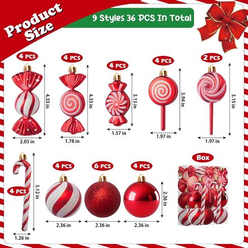 36 PCS Christmas Candy Cane Lollipop Ornaments for Christmas Tree Decorations, Glitter Red and White Christmas Peppermint Ornaments Candyland Decorations,Shatterproof Plastic Hanging Ornament in Saudi Arabia