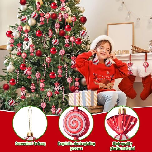 36 PCS Christmas Candy Cane Lollipop Ornaments for Christmas Tree Decorations, Glitter Red and White Christmas Peppermint Ornaments Candyland Decorations,Shatterproof Plastic Hanging Ornament in Saudi Arabia