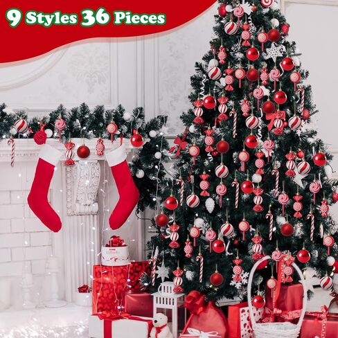 36 PCS Christmas Candy Cane Lollipop Ornaments for Christmas Tree Decorations, Glitter Red and White Christmas Peppermint Ornaments Candyland Decorations,Shatterproof Plastic Hanging Ornament in Saudi Arabia