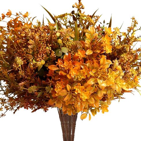 6 Bundles Artificial Fall Flowers Fall Mums, No Fade Faux Autumn Plants, Fake Indoor Outdoor Greenery Fall Decorations for Thanksgiving Wedding Party Home Garden Fireplace Décor (Fall Mixed) in Saudi Arabia