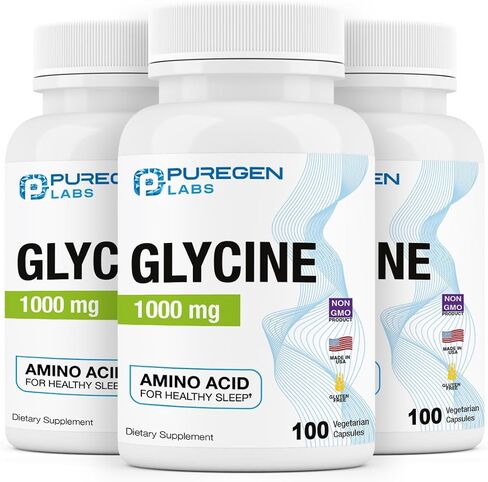 Puregen Labs Glycine 1000mg [High Potency] 100 Vegetarian Capsules, Promotes Healthy Sleep | No Harmful Additives | Non-GMO, NO Gluten and Dairy | Made in USA in Saudi Arabia