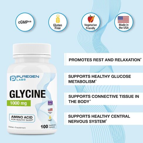 Puregen Labs Glycine 1000mg [High Potency] 100 Vegetarian Capsules, Promotes Healthy Sleep | No Harmful Additives | Non-GMO, NO Gluten and Dairy | Made in USA in Saudi Arabia