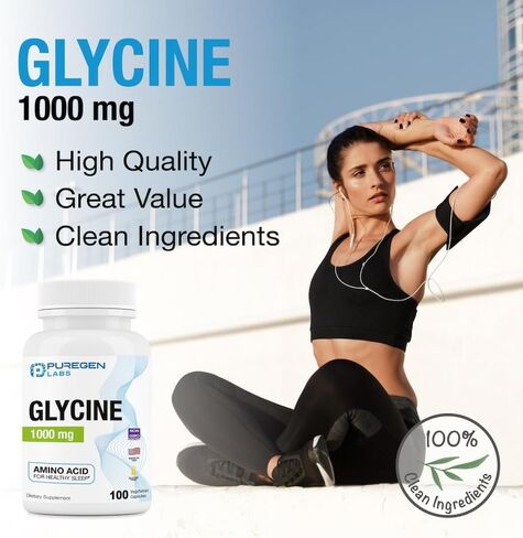 Puregen Labs Glycine 1000mg [High Potency] 100 Vegetarian Capsules, Promotes Healthy Sleep | No Harmful Additives | Non-GMO, NO Gluten and Dairy | Made in USA in Saudi Arabia