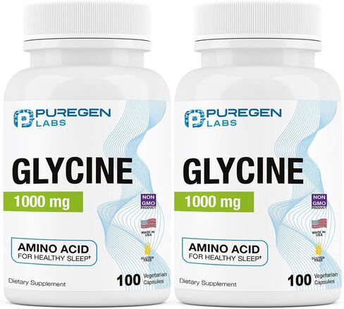 Puregen Labs Glycine 1000mg [High Potency] 100 Vegetarian Capsules, Promotes Healthy Sleep | No Harmful Additives | Non-GMO, NO Gluten and Dairy | Made in USA in Saudi Arabia