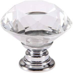 2Pcs Crystal Glass Door Knobs 30mm Diamond Cut Drawer Pull Handles with M4x22mm Screws for Cupboard Cabinet Wardrobe Home Decorating Silver Base Transparent