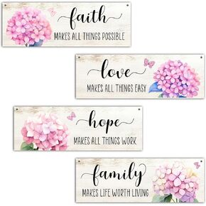 4 Pcs Family Wall Decor Wooden Sign, Faith Hope Love Wall Decor, Christian Bible Verses Wooden Hanging Sign, Inspirational Wall Art For Home Farmhouse Kitchen Living Room Bathroom Decorations, A34