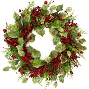 Artificial Christmas Wreaths for Front Door Winter Door Wreath with Pine Needles,Red Berry for Front Door Farmhouse Indoor Outdoor Porch Holiday Home Decoration