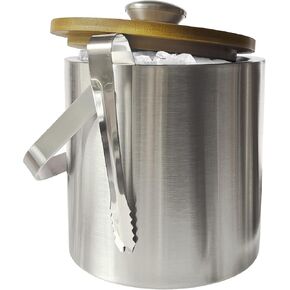 Lily's Home Double Wall Insulated Small Ice Bucket with Bamboo Lid - Stainless Steel Ice Holder with Tongs and Strainer, Ideal for Outdoor Kitchen, Tiki Bar & Cocktail Bar, Portable & Mini, 1.3 Liters