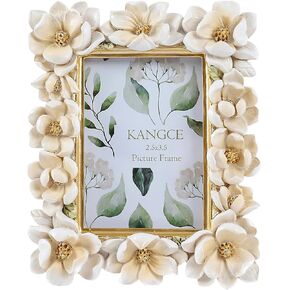 Vintage Picture Frames 5x7 Antique White and Gold Picture Frames Ornate Flower Frame for Tabletop and Wall Mount Decorative Gallery Wall Art Rustic Home Decor （5x7 inch）