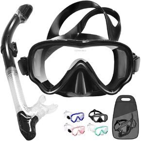 Dry Snorkel Set, Panoramic 180°Wide View Snorkeling Gear, Anti-Fog Anti-Leak Tempered Glass Safety Scuba Diving Mask, Free Breathing and Adjustable Strap Dry Top Snorkel Set for Adult