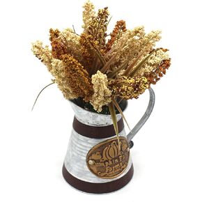 CVHOMEDECO. Primitives Rustic Artificial Millet Ears in Galvanized Metal Milk Pitcher, Farmhouse Millet Stock in Watering Can Jug Vase for Halloween Harvest Thanksgiving Christmas Decor.