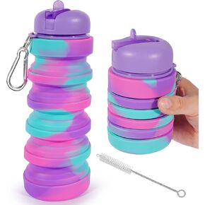 Collapsible Water Bottles For Girls 18oz BPA Free Leakproof Silicone Foldable Water Bottles for School Students Sports Travel w/Flip Spout, Birthday Gift for Girls 550ml, Mixed Purple