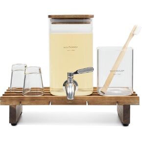 ZUTT 5-Piece Glass Bathroom Accessory Set - Mouthwash Dispenser with Reusable Cups, Toothbrush Holder and Acacia Wooden Tray, 1300 ml Capacity, Minimalist & Hygienic Organizer for Counter Décor