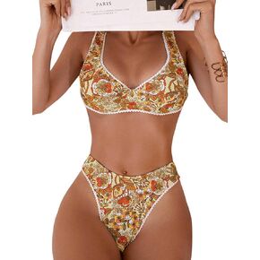 WDIRARA Women's Floral Print Swimsuit Tie Back Bikini Set Two Piece Bathing Suit