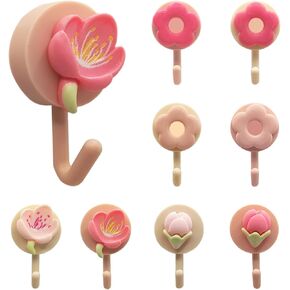 8 Pack Pink Adhesive Hooks,Cute Flower Shape Hooks for Wall Decorative,Small Plastic Hooks to Organize Kitchen or Bathroom Little Items,Damage-Free Sticky Hooks