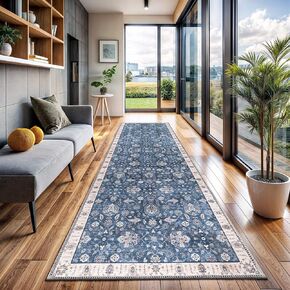 CAMILSON Printed Runner Rugs Oriental Retro Vintage Floral Area Rug 2x7 Non-Shedding Ultra Thin Super Strong Stain Resistant Indoor Carpet for Bathroom Hallway Kitchen (2 x 7 Navy Blue)