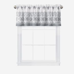 Newbridge Fabric Kitchen Window Valance, 60 Inch Wide x 15 Inch Deep Valance, Mykonos Grey Mediterranean, Indoor Stain Resistant No-Iron Fabric Kitchen Valance, Grey Tile Border