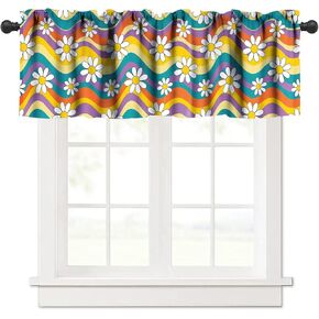 Cute 60s 70s Retro Rainbow Flowe Kitchen Curtain Valance, Cartoon Vintage Colorful Floral Boho Style Window Valance, for Bedroom Living Room Cafe Bathroom 1 Panels W54xL18in