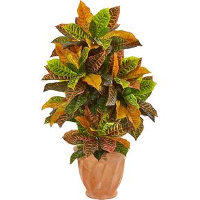 Nearly Natural 40in. Croton Artificial Plant in Terracotta Planter (Real Touch), Orange