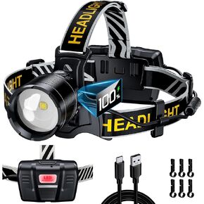 100000 LM Bright Headlamp Zoomable Sensor Red Warning Light, 8 Modes 80 Hours Standby Battery Time Head Lamp, IP68 Waterproof and 120°Angle Head Light for Hunting Hiking Camping Emergency
