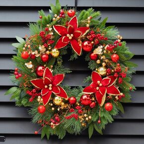Prelit Christmas Wreaths for Front Door- 24 Inch Outdoor Christmas Door Wreath with Lights, Lighted Xmas Wreath with Poinsettia Flowers,Red Berries,Golden Ball- Home Christmas Decorations