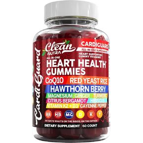 Coq10 Gummies | Red Yeast Rice Hawthorn Berry Ginger Turmeric Citrus Bergamot Hibiscus Vitamin K2+D3 Magnesium Glycinate Cayenne Pepper Fenugreek Orange Flavor CardiGuard by Clean Nutra