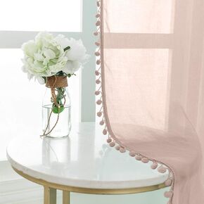 Urban Space Light Lavender Sheer Curtains - Linen Textured Window Treatments for Kitchen and Living Room - Set of 2 with Pom Pom Detail - 63 Inches Long by 47 Inches Wide