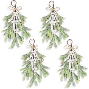 2 Pcs Christmas Artificial Mistletoe Ornament, 10.6'' Snowy Frosted Mistletoe Christmas Decoration with Berry Kissing Ball Mistletoe Hanging Decorations Spray for Winter Holiday Decor (2, Red)