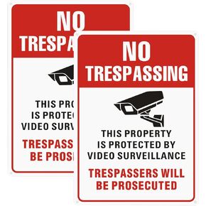 HEIOKEY 2 Pack 10x14 Inch No Trespassing Sign Aluminum, This Property is Protected By Video Surveillance Sign, Trespassers Will Be Prosecuted Sign, Security Warning Sign Outdoor for House, Business