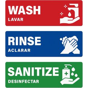 Wash Rinse Sanitize Sink Labels 9×3 Inches Handwashing Self Adhesive Sign Waterproof Fade Resistance Sticker for Restaurants Kitchens Wash Station 3 Pack