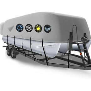 Pontoon Boat Cover, Waterproof 900D Pontoon Cover with Motor Cover, 21-24 FT Canvas Boat Cover for Pontoon, Gray