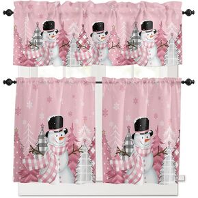 Pink Snowman Christmas Kitchen Curtains Set Small Half Curtains 24 Inches Length, Winter Snowflake Xmas Tree Pink Grey Plaid Rod Pocket Window Treatment Bedroom Tiers and Valance Set for Cafe Bathroom