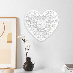 TIECA.HW Boho Carved Wooden Hanging Wall Decor, Floral Mandala Wood Panel for Wall, Flower Distressed White Medallion Wood Sculpture, 14"x14"