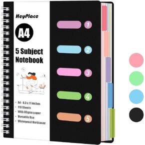 College Ruled Notebook A4, Pink Spiral Notebook with Dividers Hardcover Notebook 5 Subject for School Note Taking Office