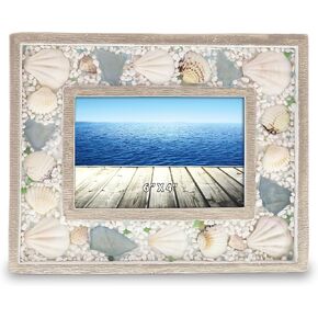 CoTa Global Oceanic Sea Shell Beach 6x4 Frame - Distressed Wood Seashell Photo Frame for Summer Vacation Memory, Handmade Beach Sand Nautical Picture Frame For Tabletop Decor - 9.5 Inches
