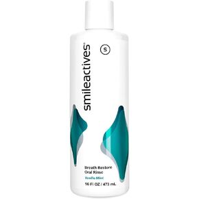 Smileactives Breath Restore Oral Rinse، غسول فم للبالغين لرائحة الفم الكريهة وصحة اللثة، يعزز العناية بالفم، فم صحي ونفس منعش يدوم طويلاً، خالي من السكر والكحول، نعناع الفانيليا، 16 أونصة سائلة
