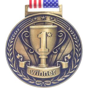 3D Gold Award Medals - 2.56 Inch Wide Olympic Medals with Trophy Pattern Decorations Stars and Stripes American Flag V Neck Ribbon - Medals for Adults & Kids, 1st Place Medals