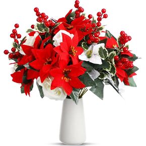 19 Pcs Christmas Red Artificial Poinsettia Bouquet Christmas Faux Flowers Arrangements with Rose Holly Berries Holiday Floral Picks for Tree Vase Porch Home Table Indoor Outdoor Cemetery