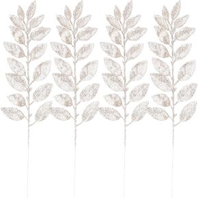 Sea Team 36-Pack Artificial Glitter Acacia Twigs, Decorative Sticks, Glittery Leaves, Stems, Picks, Branches for Christmas Tree, Wreath, Vase Fillers for Centerpieces, Home Décor, Champagne