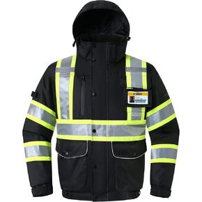 JKSafety 10 Pockets Hi-Vis Waterproof 3M Reflective Winter Bomber Jacket | Black Color | Secured Tablet Pocket | Detachable Hood and Retractable ID Pocket | ANSI Compliant (118-Black, Large)