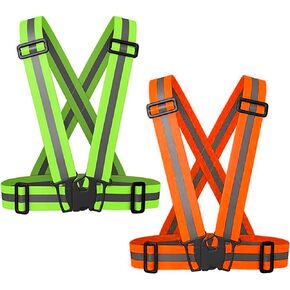 Reflective Safety Vest 2pcs - High Visibility Vest Adjustable Straps for Outdoor Jogging, Cycling, Walking,Construction Workers,Traffic Control,and Outdoor. Fits Men Women (Green + Orange)