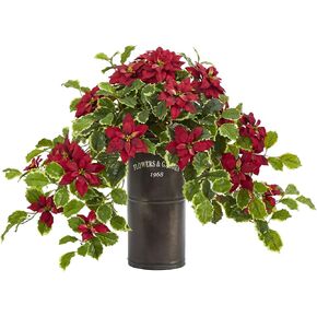 Nearly Natural 21in. Poinsettia and Variegated Holly Artificial Plant in Decorative Planter (Real Touch)