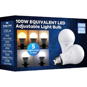 Adjustable Light Bulb, 100W Equivalent, 5CCT A19 LED Light Bulb, E26 Base, 2700K 3000K 4000K 5000K 6000K, 1200LM, 13W E26 Medium Base Standard Light Bulb for Bedroom, Living Room, 4 Pack
