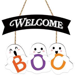 Halloween Ghost Door Sign BOO Decorations Ghost Wooden Hanging Sign Door Hanger Boo Ghost Halloween Welcome Sign Front Door Decor for Halloween Party Indoor Outdoor Home Door Wall Decoration